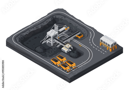 Industrial coal mining operation with excavators, trucks, and conveyor belts in a quarry