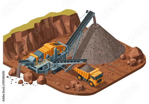 Industrial mining operation with heavy machinery crushing and transporting ore for processing