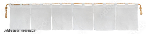 Japanese noren curtains hanging froma rope. Traditional japanese white noren curtain. のれん