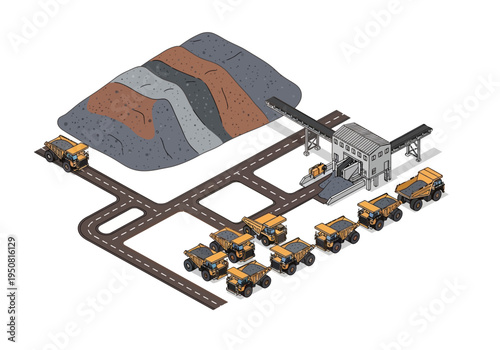 Industrial mining operation with dump trucks transporting materials to a processing plant and large piles of extracted resources
