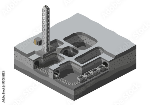 Detailed Cross-Sectional View of an Underground Bunker System with a Tall Tower Structure