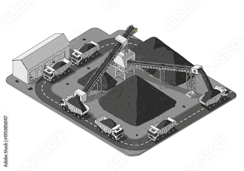 Industrial material processing and logistics with trucks and conveyor belts