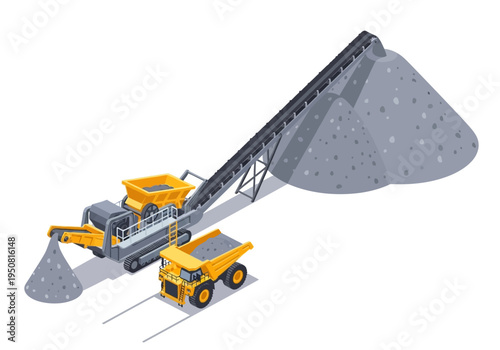 Industrial crushing and screening equipment with a dump truck for aggregate processing