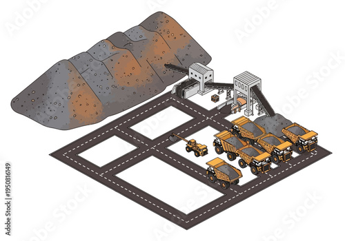 Isometric illustration of a coal mining operation with trucks and conveyor belts loading minerals from a large pile