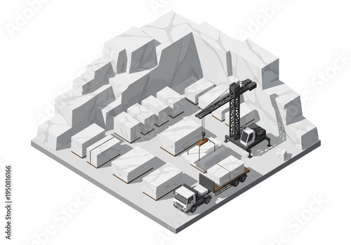 Industrial production and heavy machinery operating in a quarry or open-pit mine