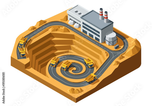 Isometric view of a large open-pit mine with trucks and a processing plant