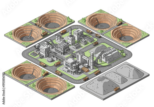 Isometric illustration of an industrial mining complex with extraction pits and processing facilities