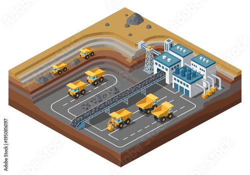 Isometric view of a coal mining operation with heavy machinery and processing plant