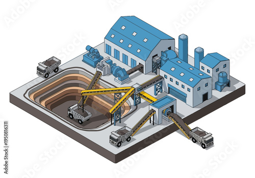 Isometric illustration of an industrial mining operation with heavy machinery and processing plants