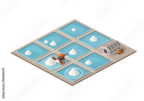 Isometric salt evaporation ponds with an orange robotic harvester and a small industrial building under a clear blue sky