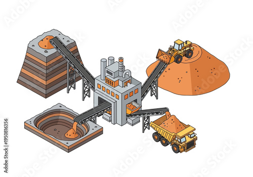 Industrial mining operation with conveyor belts, heavy machinery, and material processing