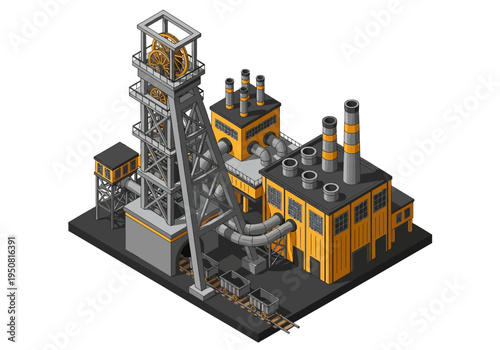 Isometric view of a coal mine processing plant with industrial equipment and structures