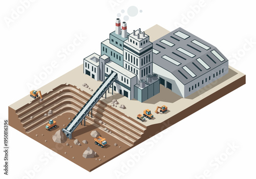 Industrial mining and factory complex processing raw materials with heavy machinery