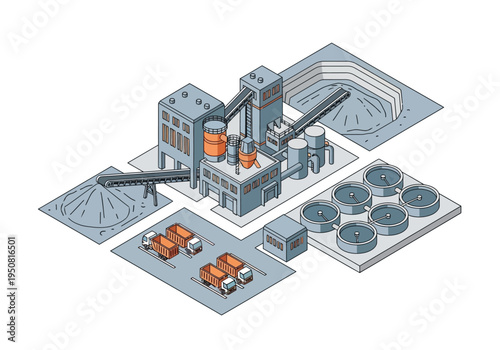 Industrial plant with trucks and processing tanks illustration