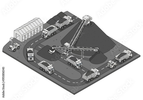 Industrial coal processing plant with trucks and conveyor belts demonstrating logistics and material handling