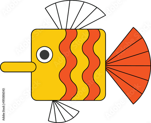 A cartoonish yellow fish with orange and red stripes