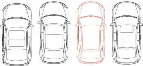 Top view car outline set showing sedan vehicle blueprint style line art collection isolated automotive vector illustration design template