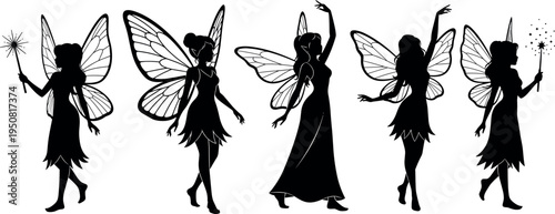 Set of five elegant fairy silhouettes with butterfly wings and magic wands for mythical fantasy forest and enchanted garden designs.