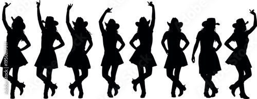 Set of eight female cowgirl silhouettes wearing hats and boots dancing and posing in various energetic country western line dance positions