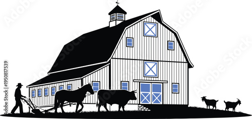 Traditional farm barn with farmer plowing field using oxen livestock silhouette vector illustration for rural agriculture countryside farming concept
