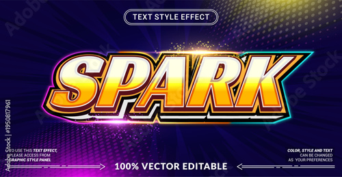 Editable text effect vector “Spark” features bold glowing 3D lettering with energetic shine and dynamic vibes, perfect for creative titles, gaming themes, and modern designs.