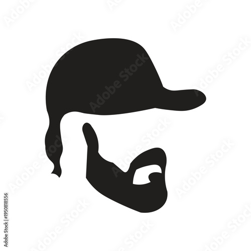 A silhouette illustration of a man's face icon with a beard and hat generally depicts a masculine, hipster, or casual character, often used in logo design, vector illustrations, or profile avatars.