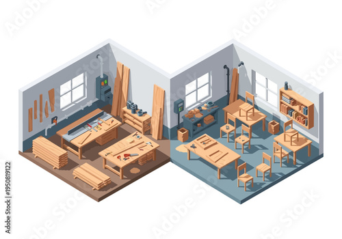 Isometric view of a well-equipped woodworking shop with tools and lumber