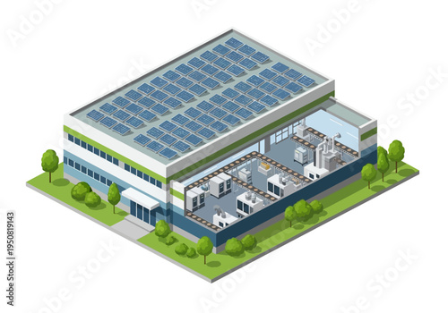 Modern industrial building with solar panels on the roof and automated production line inside