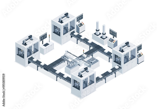 Modern automated manufacturing facility with conveyor belts and robotic arms