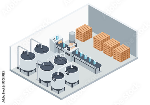 Industrial production facility with automated bottling and packaging line