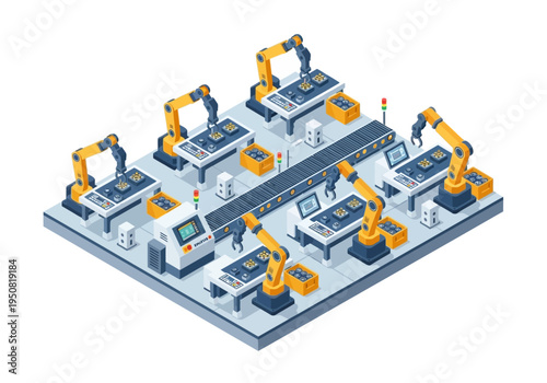 Automated Manufacturing Assembly Line with Robotic Arms and Conveyor Systems