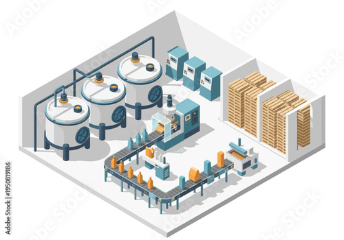 Isometric factory production line with automated machinery, conveyor belts, and packaged goods
