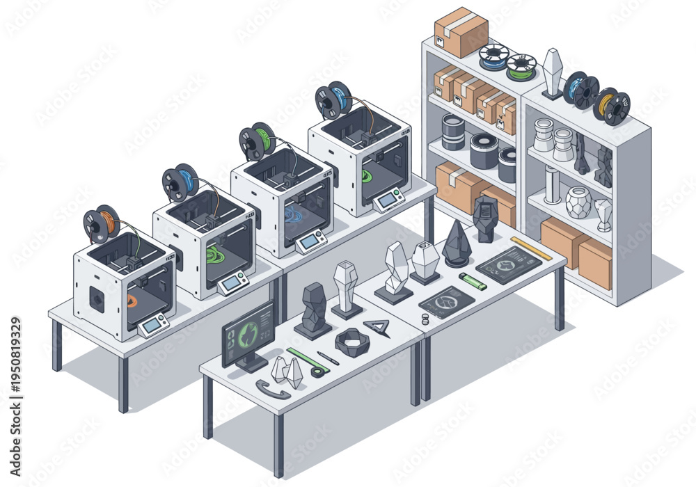 Obraz premium Advanced 3D printing technology setup with multiple machines, filament spools, and printed objects on display