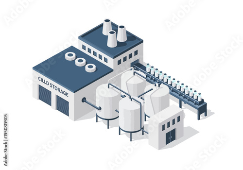 Isometric illustration of a modern industrial facility with large storage tanks and a bottling line