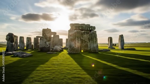 Stonehenge a prehistoric monument in England stands on a grassy field under a cloudy sky with long shadows cast by the stones