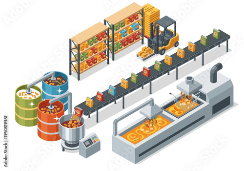 Industrial production line for packaged food products in a factory setting