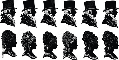 Vintage Victorian Silhouette Portrait Collection of Elegant Men and Women Profiles in Classic 19th Century Black Vector Style Illustration