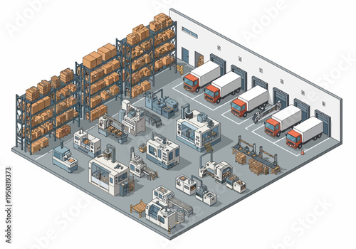 Isometric factory interior showing assembly line machines and delivery trucks ready for dispatch