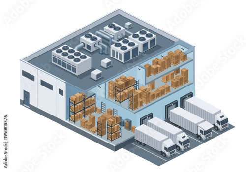 Warehouse building with trucks and loading docks, industrial logistics and delivery concept illustration
