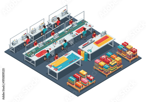Textile factory with workers sewing fabric on sewing machines and stacked finished products