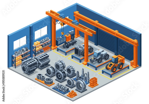 Industrial machinery and engine components in a manufacturing facility