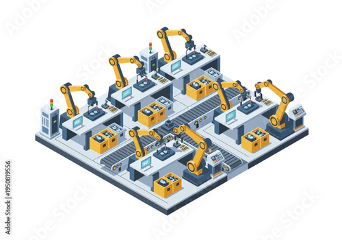 Automated Industrial Production Line with Robotic Arms Assembly and Conveyor Belts in Isometric View