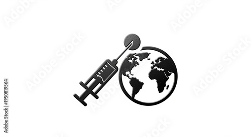 Black syringe injecting globe with vaccination needle worldwide health concept