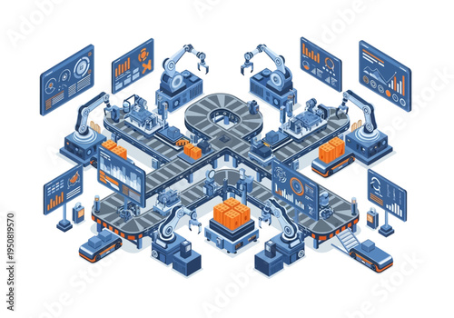 Automated robotic assembly line with conveyor belts and monitors in a modern factory setting