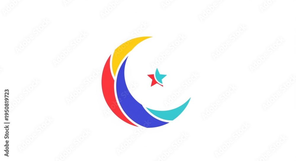Obraz premium Vibrant crescent moon symbol with star colorful abstract logo white background graphic design element