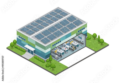 Isometric illustration of a modern warehouse with solar panels on the roof and vehicles inside
