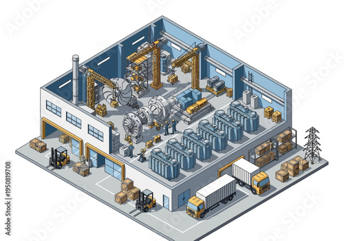 Isometric factory interior with assembly line, machinery, cranes, and trucks for manufacturing and production