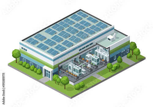 Automated manufacturing facility powered by solar energy, showcasing advanced production lines and clean technology