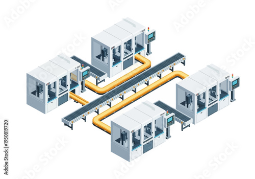 Automated production line with conveyor belts and robotic machines