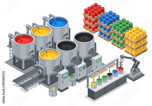 Paint manufacturing and production line with automated filling station and raw material storage
